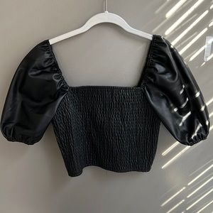 Black Faux Leather Puff Sleeve Top